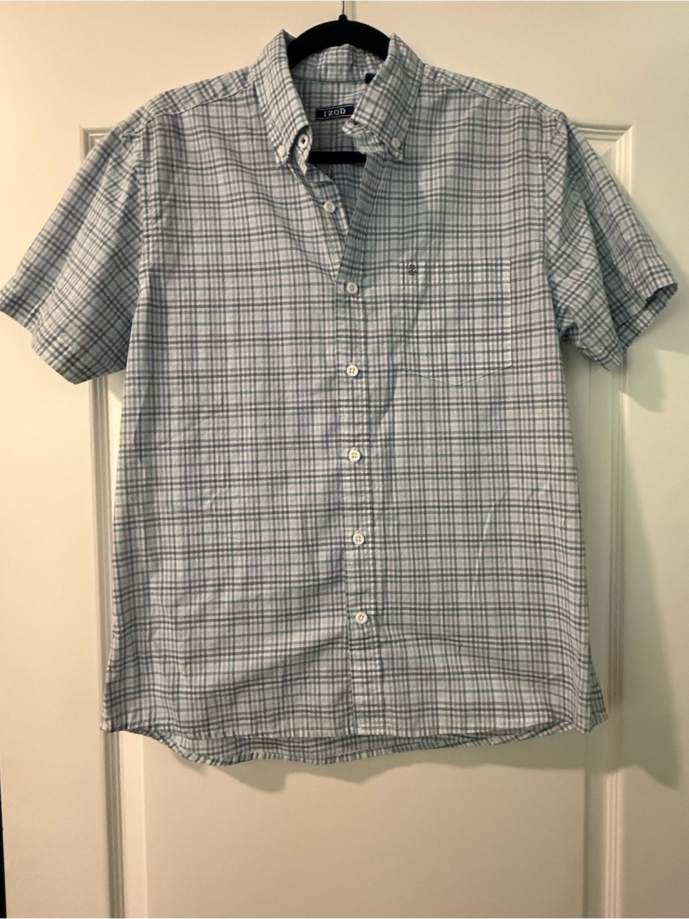 Izod Men’s Light Blue and White Plaid Short Sleeve Button-Down Shirt